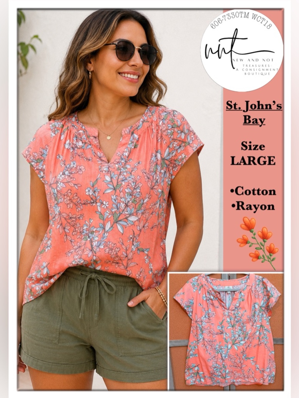 St. John’s Bay Coral Floral Blouse Women’s Large Cotton Rayon Split Neck